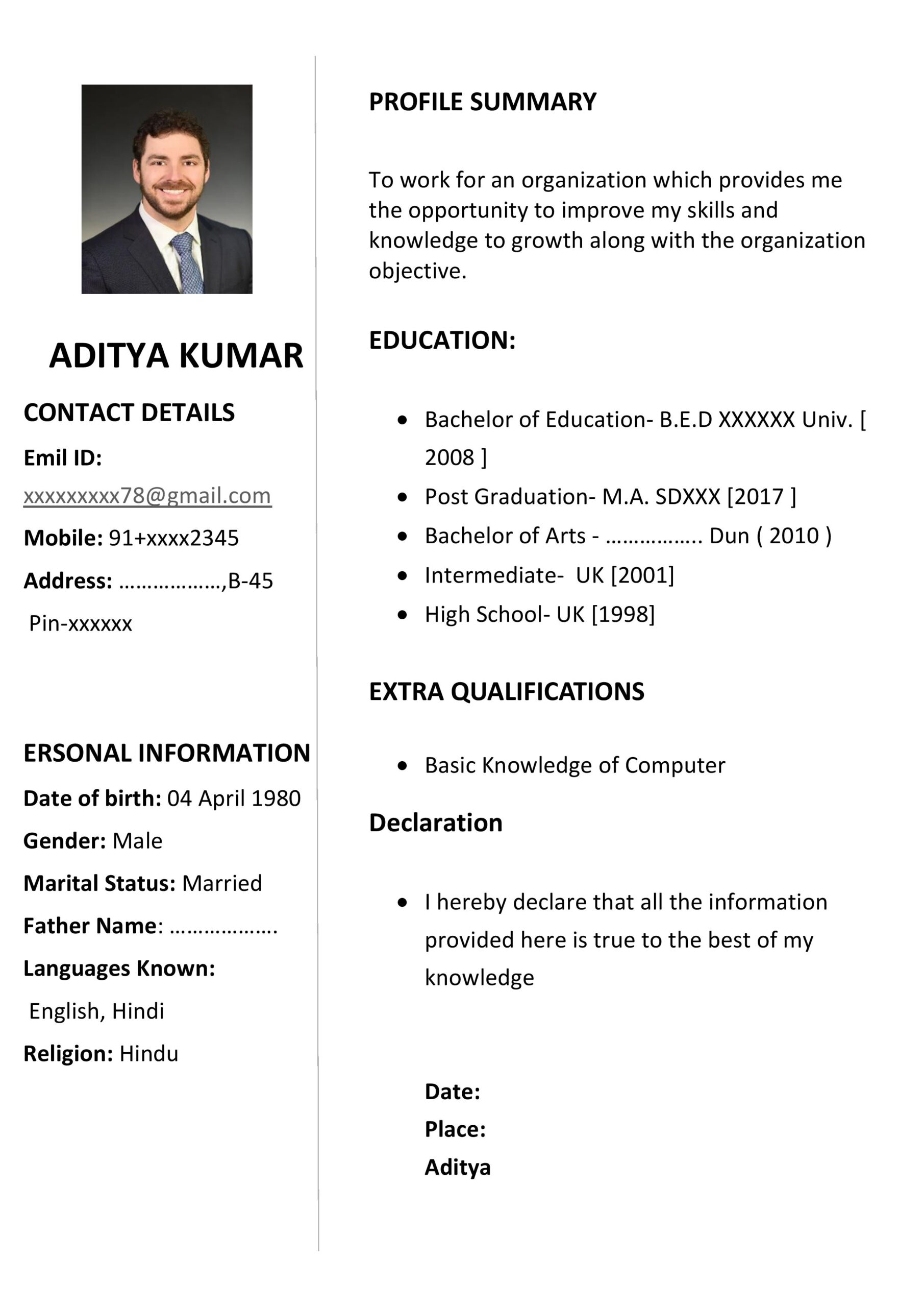 Resume Templates - Sarkari Job Help